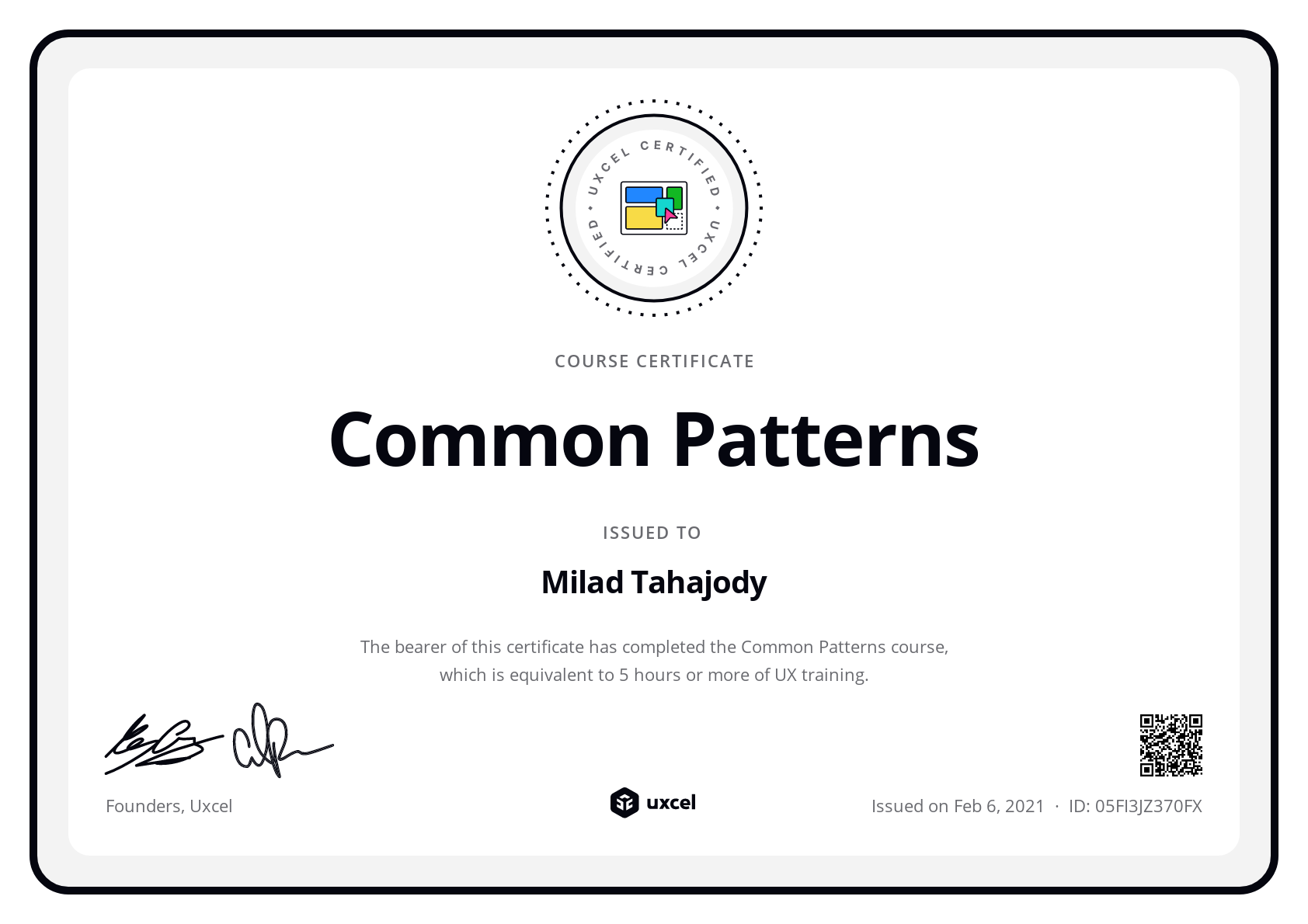 Milad Tahajody's certificate